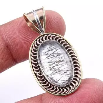Natural Black Rutile 925 Solid Sterling Silver TwoTone Gift Pendant 1.50 K3W41