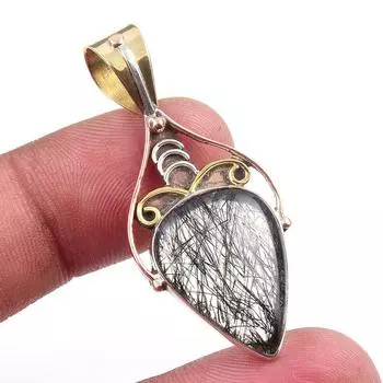 Natural Black Rutile 925 Solid Sterling Silver TwoTone Gift Pendant 1.75 m8R51