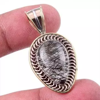 Natural Black Rutile 925 Solid Sterling Silver TwoTone Gift Pendant 1.50 I4q48