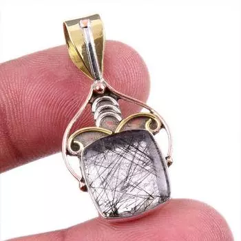 Natural Black Rutile 925 Solid Sterling Silver Jewelry TwoTone Pendant 1.5 H2H04