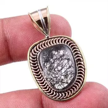 Natural Black Rutile 925 Solid Sterling Silver TwoTone Gift Pendant 1.50 G0K98