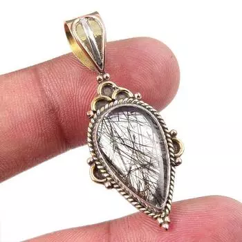 Natural Black Rutile 925 Solid Sterling Silver TwoTone Gift Pendant 1.75 M5B58