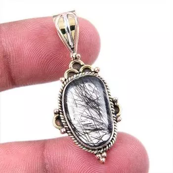 Natural Black Rutile 925 Solid Sterling Silver TwoTone Gift Pendant 1.50 N1V28