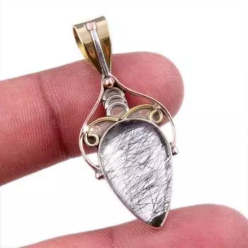 Natural Black Rutile 925 Solid Sterling Silver TwoTone Gift Pendant 1.75 M9g70