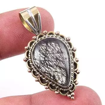 Natural Black Rutile 925 Solid Sterling Silver TwoTone Gift Pendant 1.50 r2P02