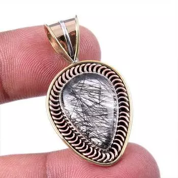 Natural Black Rutile 925 Solid Sterling Silver TwoTone Gift Pendant 1.50 S2t83