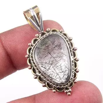 Natural Black Rutile 925 Solid Sterling Silver TwoTone Gift Pendant 1.50 d5D02