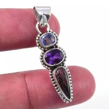 Natural Black Rutile,Amethyst 925 Solid Sterling Silver Gift Pendant 1.50 R6U59
