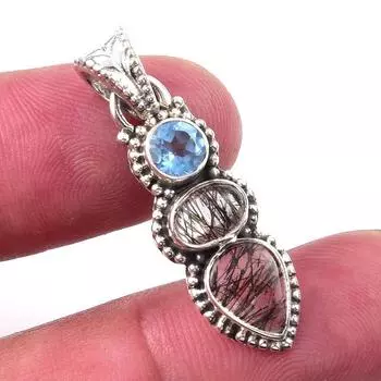 Natural Black Rutile, Blue Topaz 925 Solid Sterling Silver Pendant 1.25 N8s00