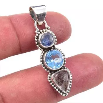 Natural Black Rutile,Blue Topaz 925 Solid Sterling Silver Pendant 1.50 P4Z58