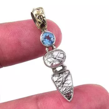 Natural Black Rutile, Blue Topaz 925 Solid Sterling Silver Pendant 1.50 S7i01