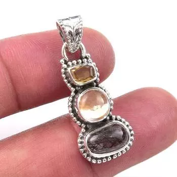 Natural Black Rutile,Citrine 925 Solid Sterling Silver Gift Pendant 1.25 Y8J12