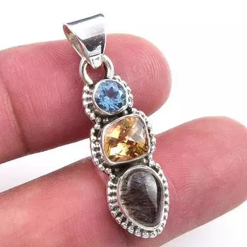 Natural Black Rutile,Citrine 925 Solid Sterling Silver Gift Pendant 1.50 b9r95