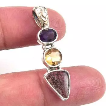 Natural Black Rutile,Citrine 925 Solid Sterling Silver Gift Pendant 1.50 g8U26