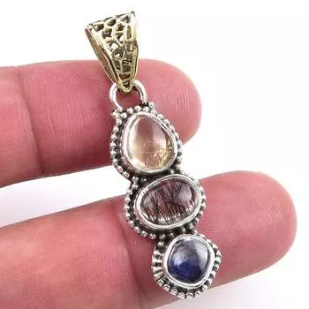 Natural Black Rutile,Citrine 925 Solid Sterling Silver Gift Pendant 1.75 h9T66