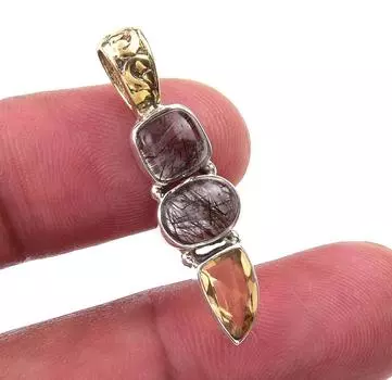 Natural Black Rutile,Citrine 925 Solid Sterling Silver Gift Pendant 1.25 P7r46