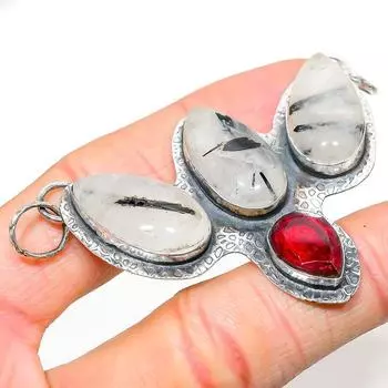 Natural Black Rutile, Garnet Gemstone 925 Sterling Silver Pendant 2.25 K4e79