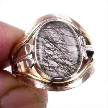 Natural Black Rutile Gemstone 925 Solid Silver Jewelry Two Tone Ring S.7US y3U90