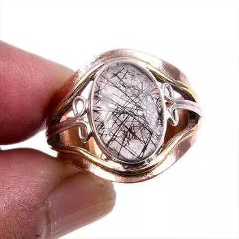 Natural Black Rutile Gemstone 925 Solid Silver Jewelry Two Tone Ring S.8US Q5I49