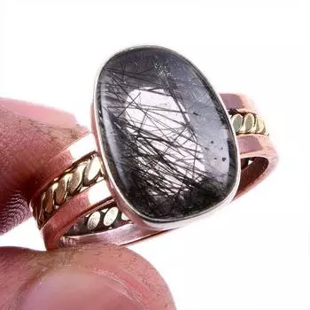 Natural Black Rutile Gemstone 925 Solid Silver Jewelry Two Tone Ring S.10US y5v96