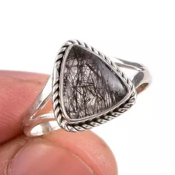 Natural Black Rutile Gemstone 925 Solid Sterling Silver Jewelry Ring S.9.5 R0A05