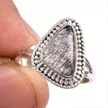 Natural Black Rutile Gemstone 925 Solid Sterling Silver Jewelry Ring S.7.5 K6d54