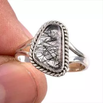Natural Black Rutile Gemstone 925 Solid Sterling Silver Jewelry Ring S.9.5 a1v45