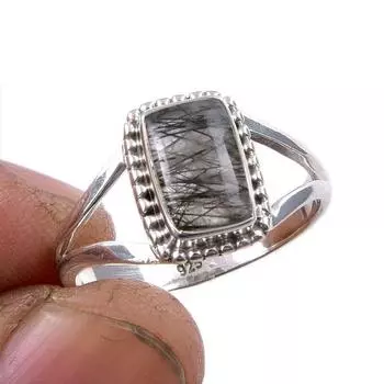 Natural Black Rutile Gemstone 925 Solid Sterling Silver Jewelry Ring S.8.5 I2s33