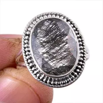 Natural Black Rutile Gemstone 925 Solid Sterling Silver Jewelry Ring Size 9 A1t34