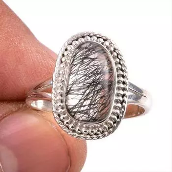 Natural Black Rutile Gemstone 925 Solid Sterling Silver Jewelry Ring S.9.5 s5F39