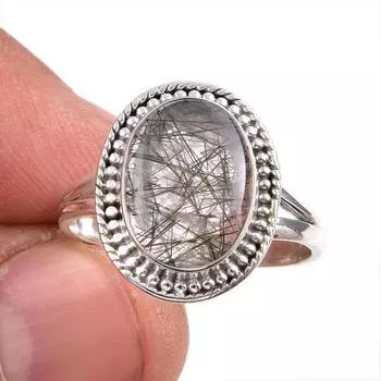Natural Black Rutile Gemstone 925 Solid Sterling Silver Jewelry Ring Size 9 D4N68