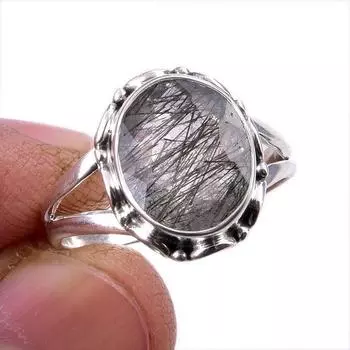 Natural Black Rutile Gemstone 925 Solid Sterling Silver Jewelry Ring Size 8 U4E54