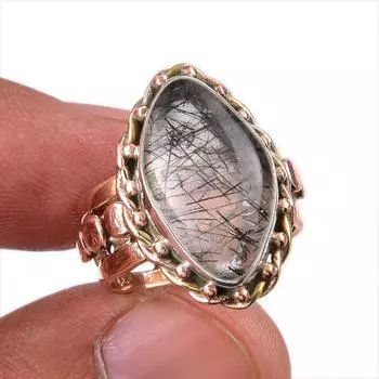 Natural Black Rutile Gemstone 925 Solid Sterling Silver Two Tone Ring S.5.5 N4D30