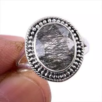 Natural Black Rutile Gemstone 925 Solid Sterling Silver Jewelry Ring Size 8 H4G88