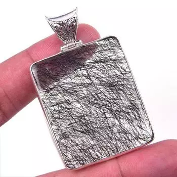 Natural Black Rutile Gemstone 925 Solid Sterling Silver Gift Pendant 2.25 L7a54