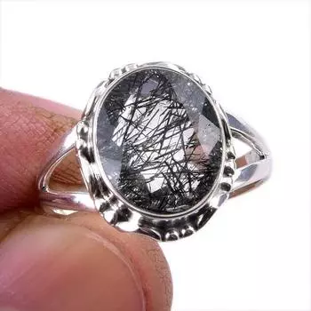 Natural Black Rutile Gemstone 925 Solid Sterling Silver Jewelry Ring S.6.5 Y9F65