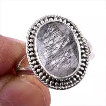 Natural Black Rutile Gemstone 925 Solid Sterling Silver Jewelry Ring Size 8 Y6i64