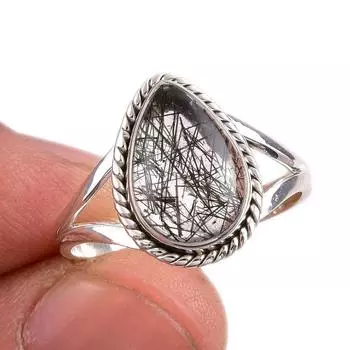 Natural Black Rutile Gemstone 925 Solid Sterling Silver Jewelry Ring S.9.5 t6p49