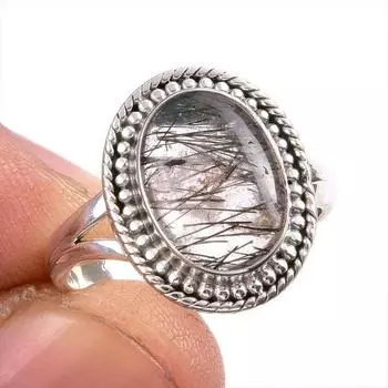 Natural Black Rutile Gemstone 925 Solid Sterling Silver Jewelry Ring S.7.5 g0y20
