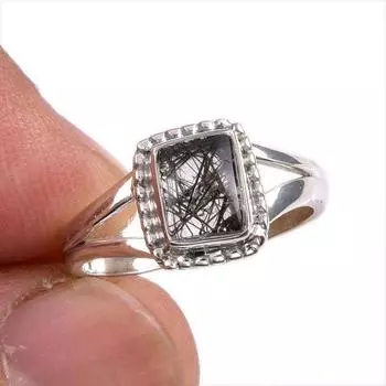 Natural Black Rutile Gemstone 925 Solid Sterling Silver Jewelry Ring S.5.5 U4W89
