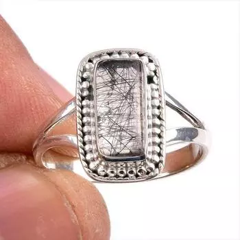 Natural Black Rutile Gemstone 925 Solid Sterling Silver Jewelry Ring Size 8 p1Q67