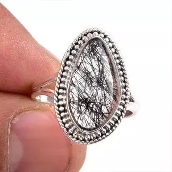 Natural Black Rutile Gemstone 925 Solid Sterling Silver Jewelry Ring Size 9 B7n50