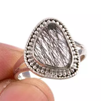 Natural Black Rutile Gemstone 925 Solid Sterling Silver Jewelry Ring S.7.5 L4r18