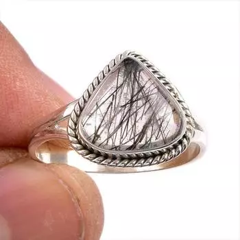 Natural Black Rutile Gemstone 925 Solid Sterling Silver Jewelry Ring S.9.5 S2K52
