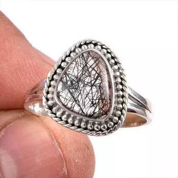 Natural Black Rutile Gemstone 925 Solid Sterling Silver Jewelry Ring S.9.5 L2f89