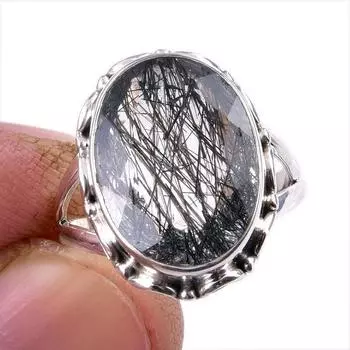 Natural Black Rutile Gemstone 925 Solid Sterling Silver Jewelry Ring S.7.5 V5C65