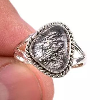 Natural Black Rutile Gemstone 925 Solid Sterling Silver Jewelry Ring Size 8 B3J17