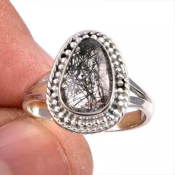 Natural Black Rutile Gemstone 925 Solid Sterling Silver Jewelry Ring S.7.5 k4i77