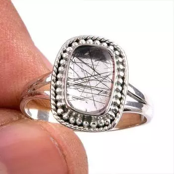 Natural Black Rutile Gemstone 925 Solid Sterling Silver Jewelry Ring S.8.5 o7C08