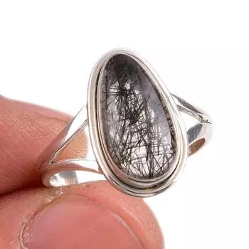 Natural Black Rutile Gemstone 925 Solid Sterling Silver Jewelry Ring Size 7 Q5W13